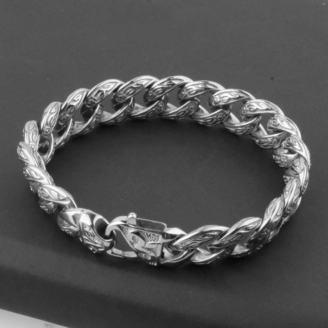 Fashion Mens Boy\'s Bangles 15mm Solid Silver color 316L Stainless Steel Cast Flower Design Cuban Link Chain Bracelets 9\