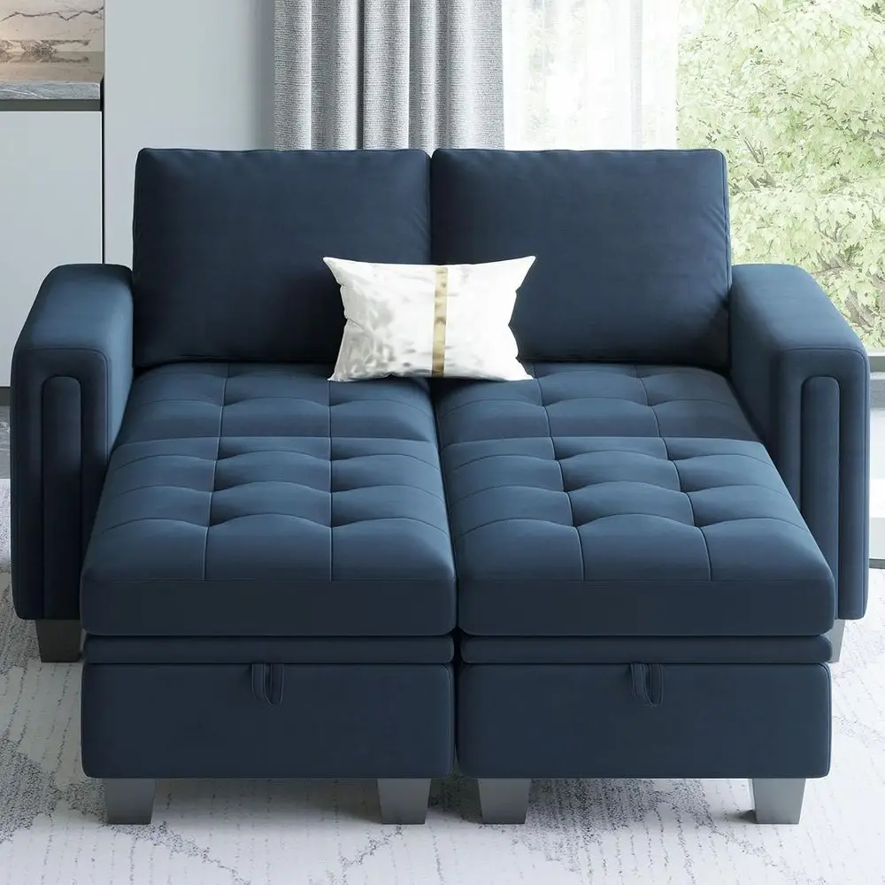 

Blue Velvet Storage Sectional Sofa Bed with Reversible Chaise and Sleeper Couch