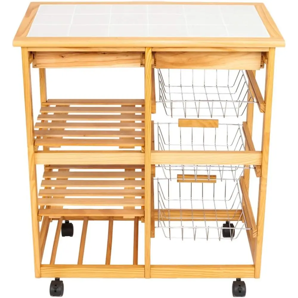 

Rolling Kitchen Cart with 2-Tier Removable Racks, Heavy Duty Wood-Tone Storage on Wheels