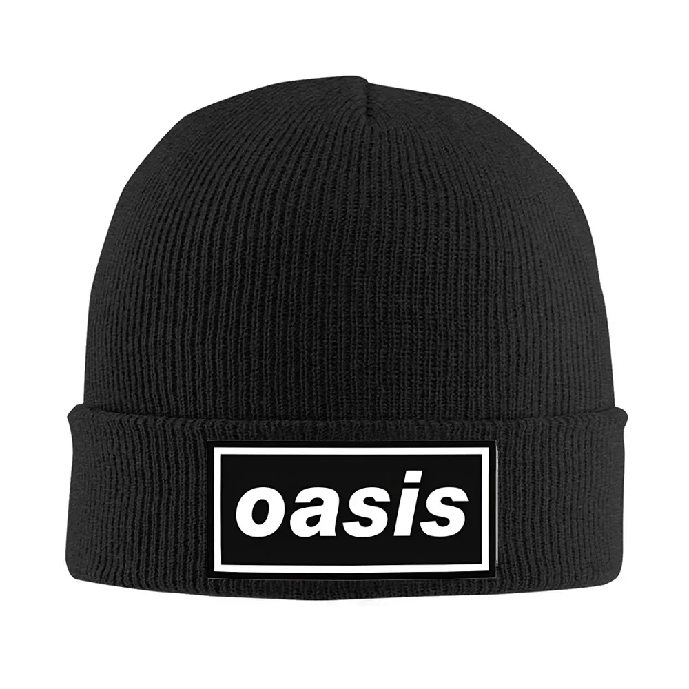 2026 Oasis wordmark white text black box Men Women Unisex Knitted Hat Beanie Pullover Cap Winter Thermal Warm Christmas Outdoor