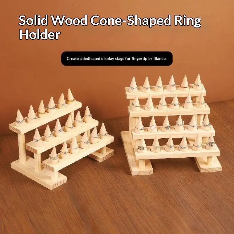 Wooden Finger Ring Display Stand Jewelry Ring Display Holder Showcase With Wooden Display Ring Cone Storage Organizer