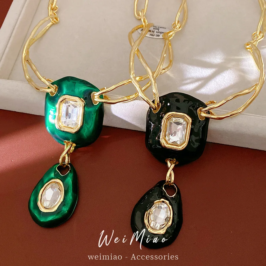 Exaggerated Enamel Crystal Gem Pendant Necklace Women's Heavy Work Metal Style Green Sapphire Jewelry Collar