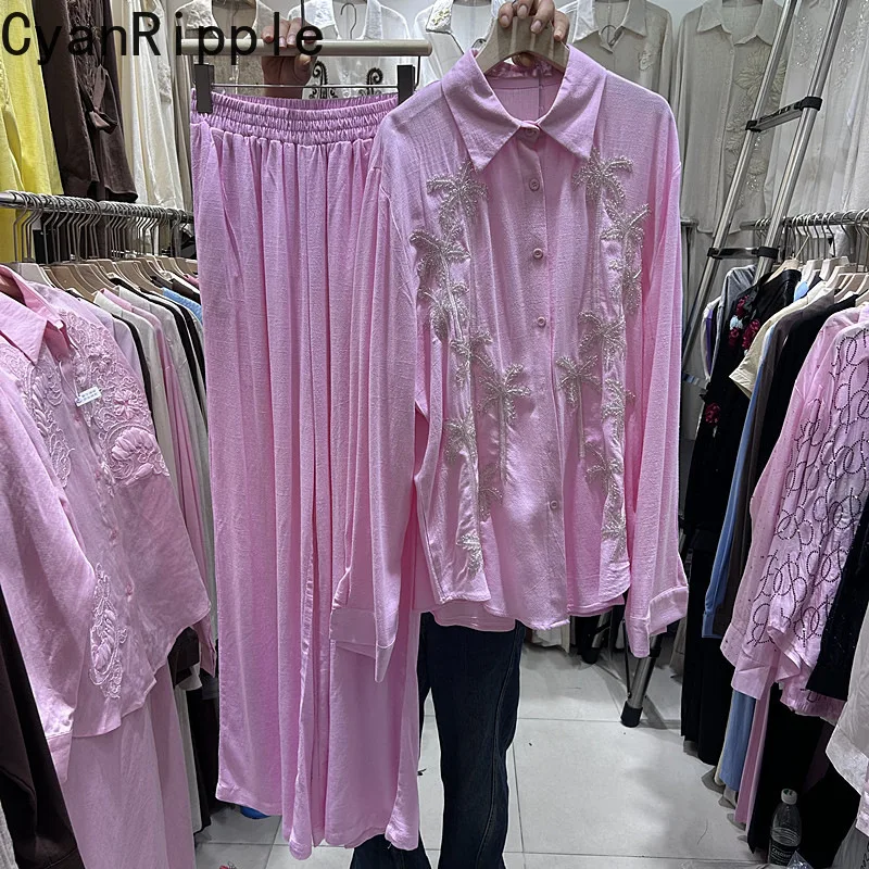 

Fashion Lady Spring Autumn Two-piece Set Beading Cotton-linen Long Sleeve Cardigans Shirt + Elastic Waist Casual Wide Leg Pants