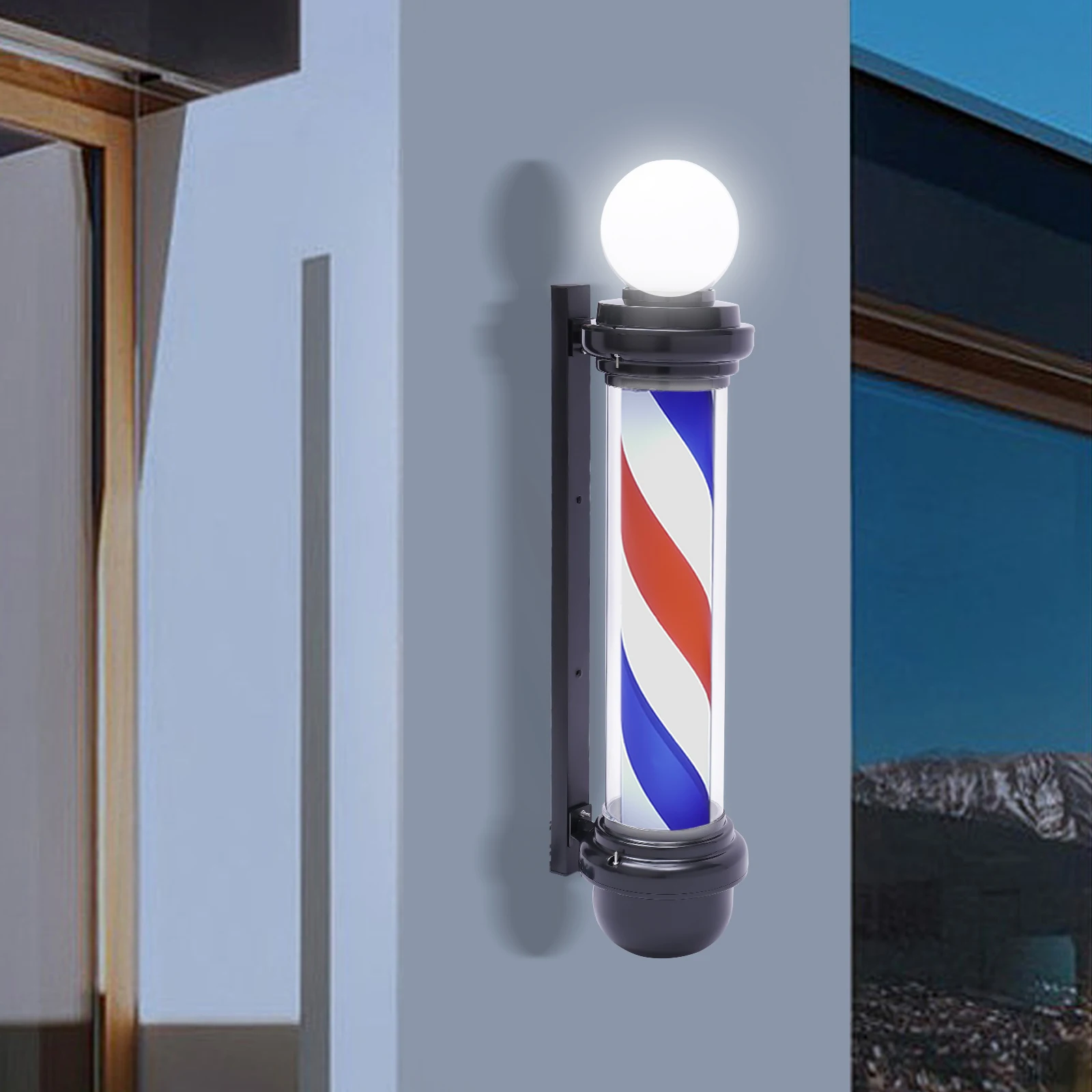 

32" Barber Pole LED Light Red White Blue Rotating Stripes Hair Salon Shop Sign Rainproof for Outdoor