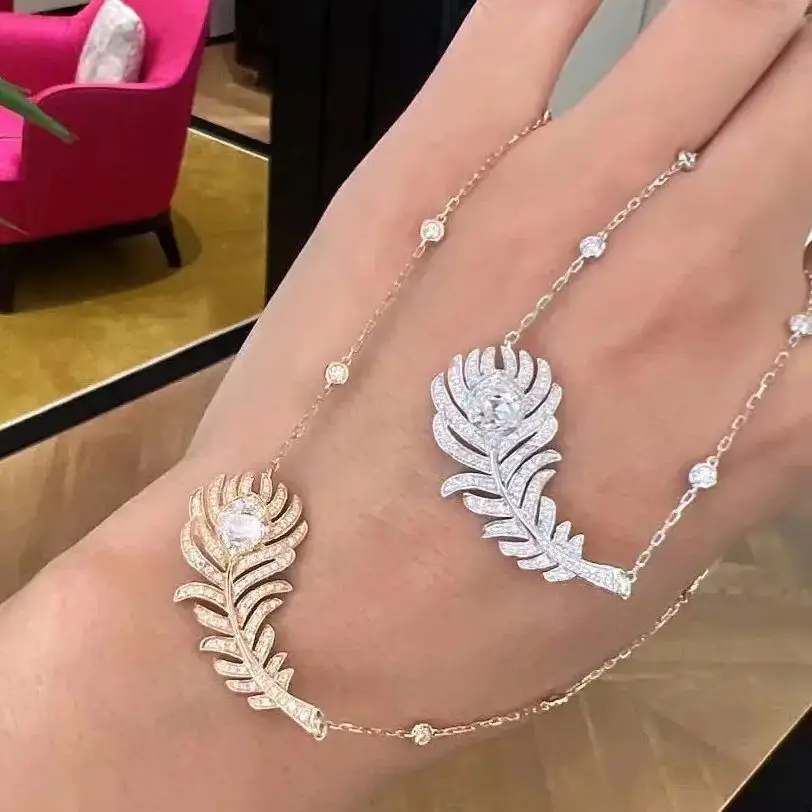 France Hot sales Top quality S925 Sterling Silver A5 level zircon woman feather jewelry bead treasure High end festivals gift