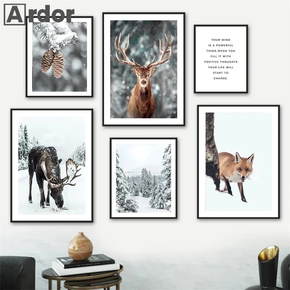 Nordic Deer Reindeer Fox Squirrel Animal Poster Snow Spruce Winter Landscape Canvas Painting Filbert Quotes Art Print Home Decor