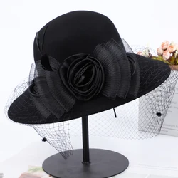 Women Fascinator Wool Felt Hat Flower Veil Wedding Hats Feather Cocktail Party Wedding Fedora Hats Ladies Winter Hat Church Hat