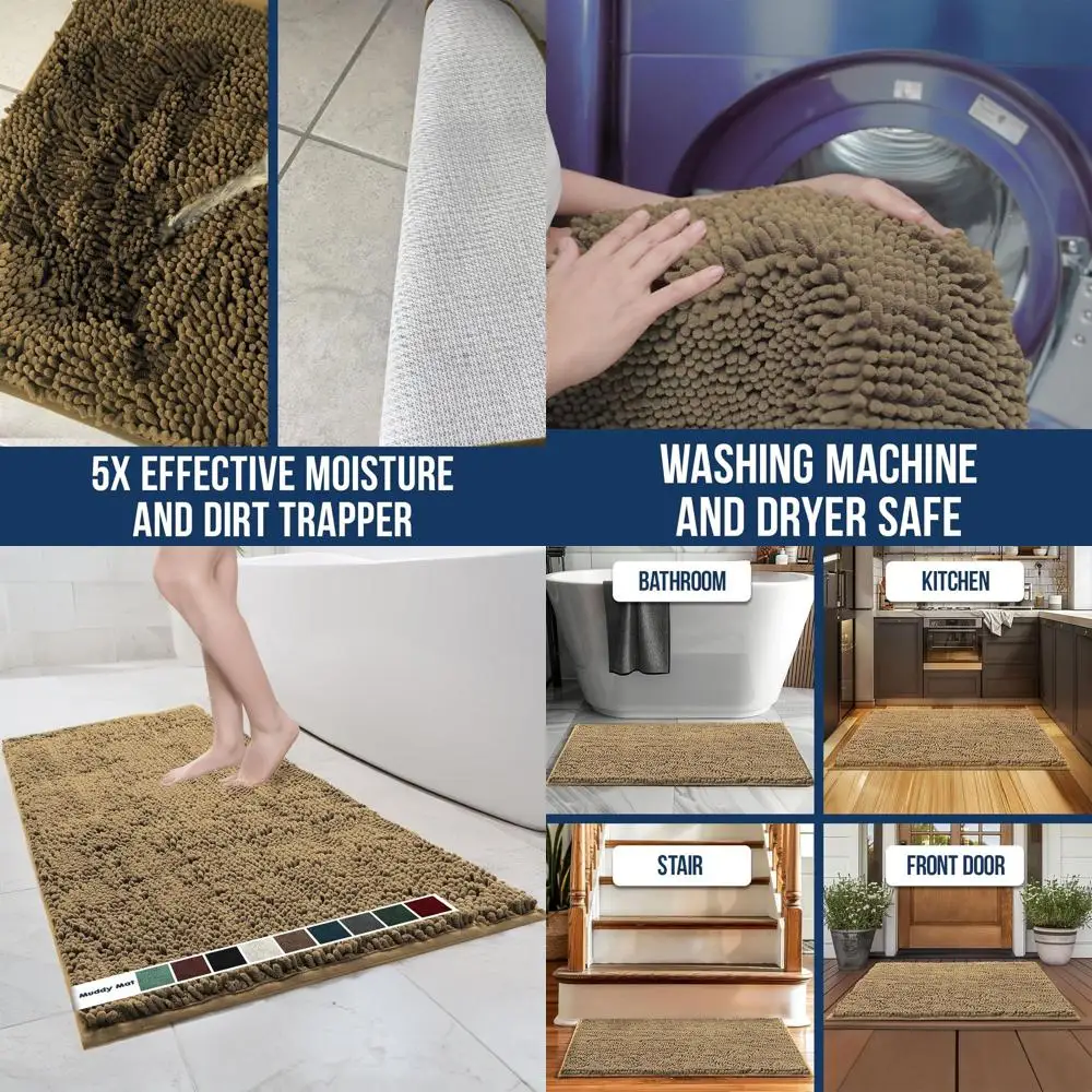 

Extra Thick Beige Chenille Microfiber Bath Mat - Quick Dry, Non-Slip, Washable, 59x35