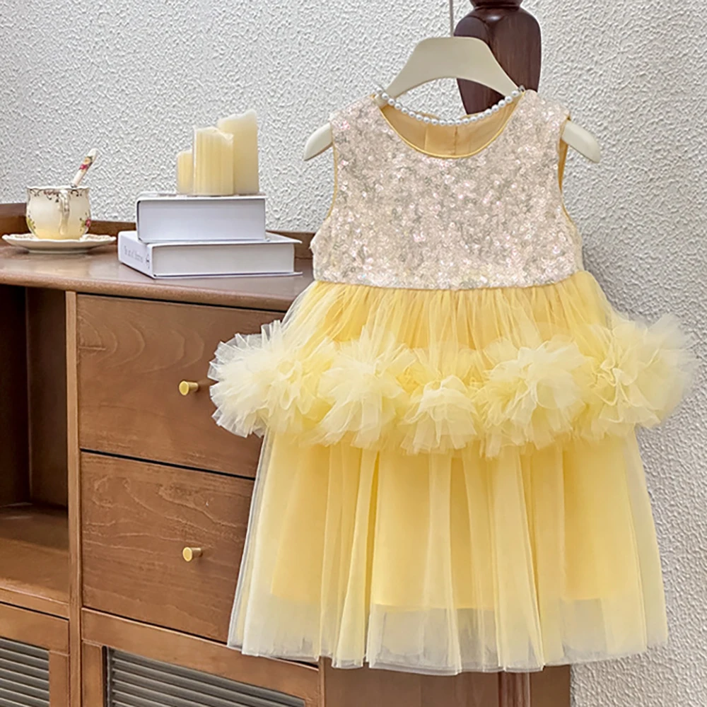 

New Yellow Sleeveless Sequined Mesh Princess Dress Winter Holiday Party Gown For Baby Girl Party Night School Prom Clothing