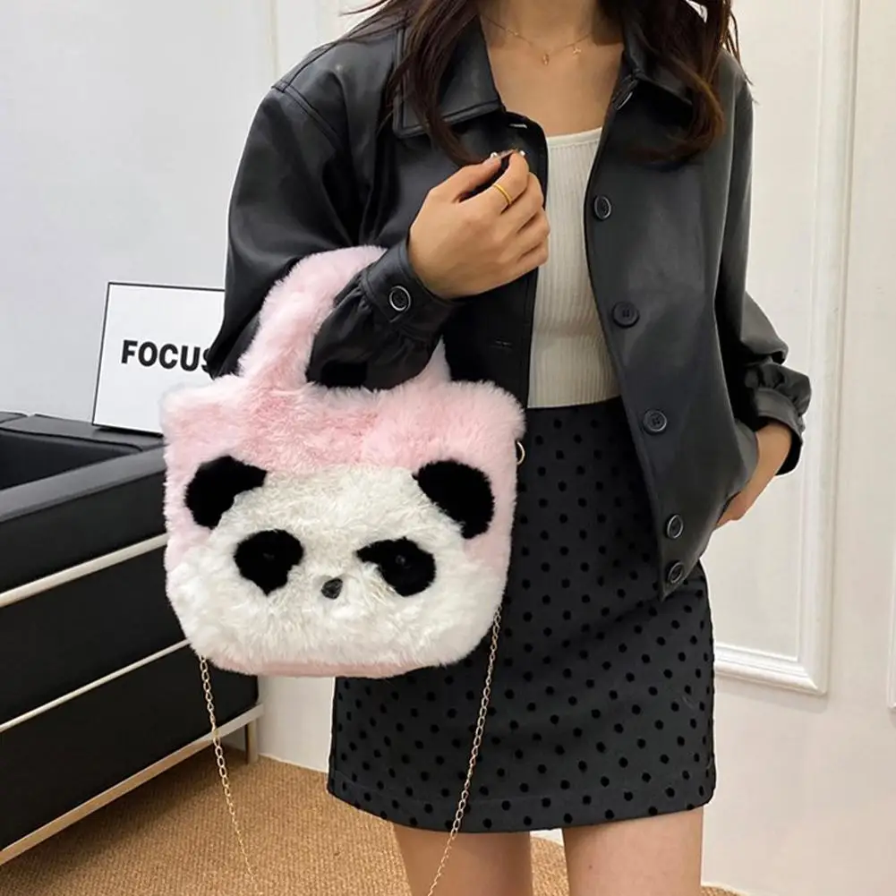 Large Capacity Panda Plush Shoulder Bag Cartoon Panda Handbag Furry Shoulder Bag With Chain Strap Warm Crossbody Bag