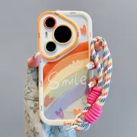 Wrist Chain Lanyard Phone Case For Huawei P70 P60 P50 P40 Pro Plus Ultra Mate 30 40 50 60 70 Rainbow Cartoon Love Heart Cover