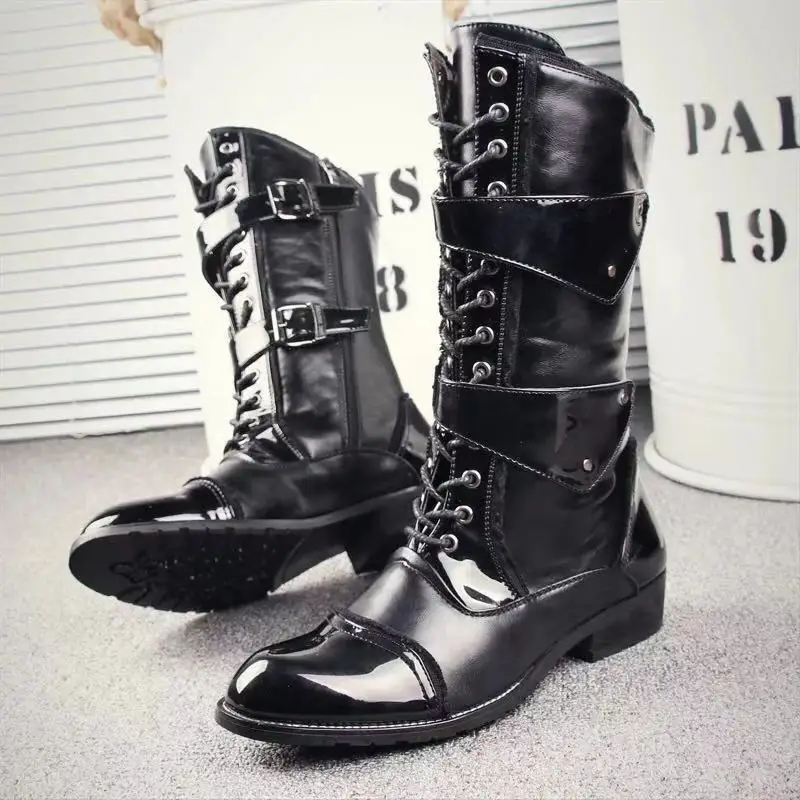 Fashion High Top Men Boots Rivet Punk Style Long Boots Comfortable Pointed Toe Working Shoes Fashion British Style Leather Boots