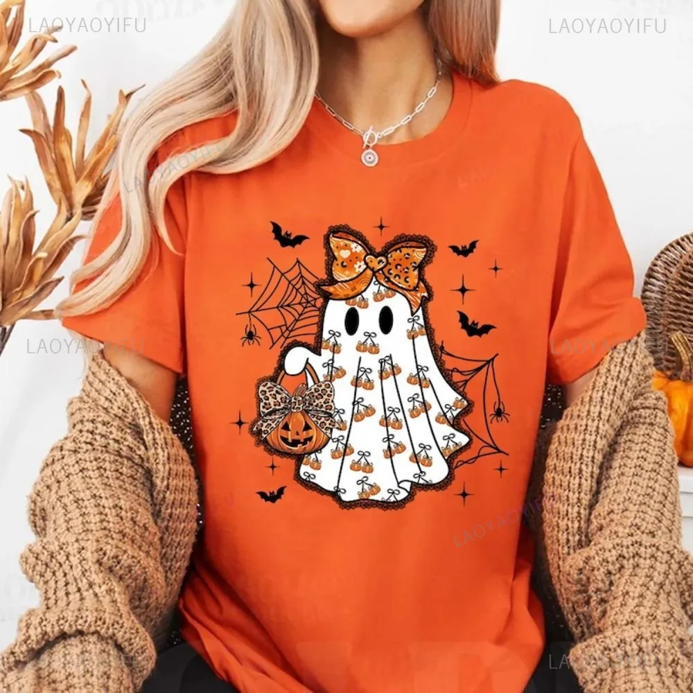 Cute Ghost Halloween Shirt Pumpkin Bow Spooky Season Tee Fall Aesthetic Pumpkin T-Shirt Women Aesthetic Clothes Short-sleeve