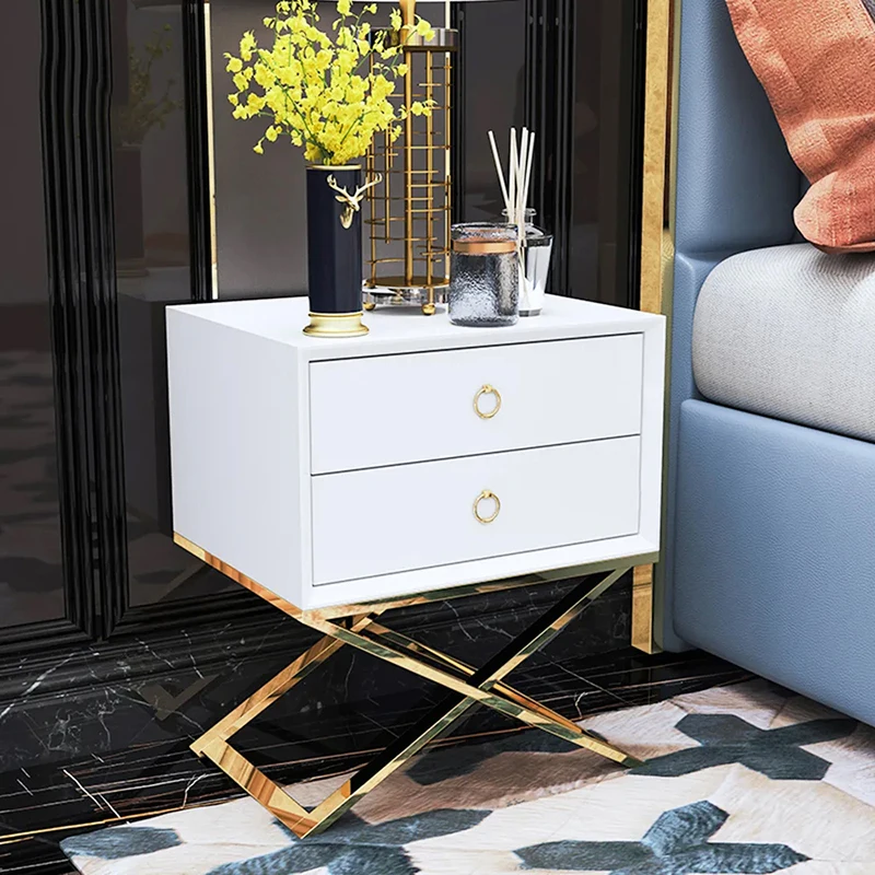 Coffee Bedside Table 2 Drawer Nightstand White Storage Paint Minimalist Stainless Steel Legs Mesita Noche Nordic Furnitures