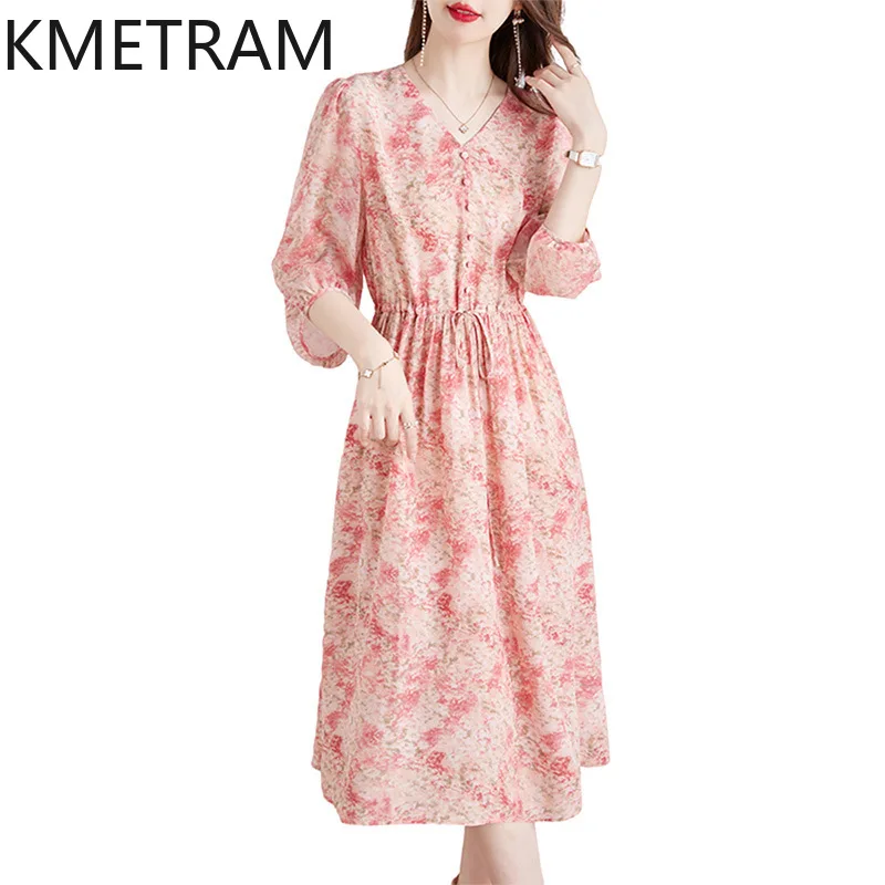 

KEMTRAM Mulberry Silk High-end Tea Break French Floral Dress Women Summer Printing Mid-long Dresses New in 2024 Robe Femme Été