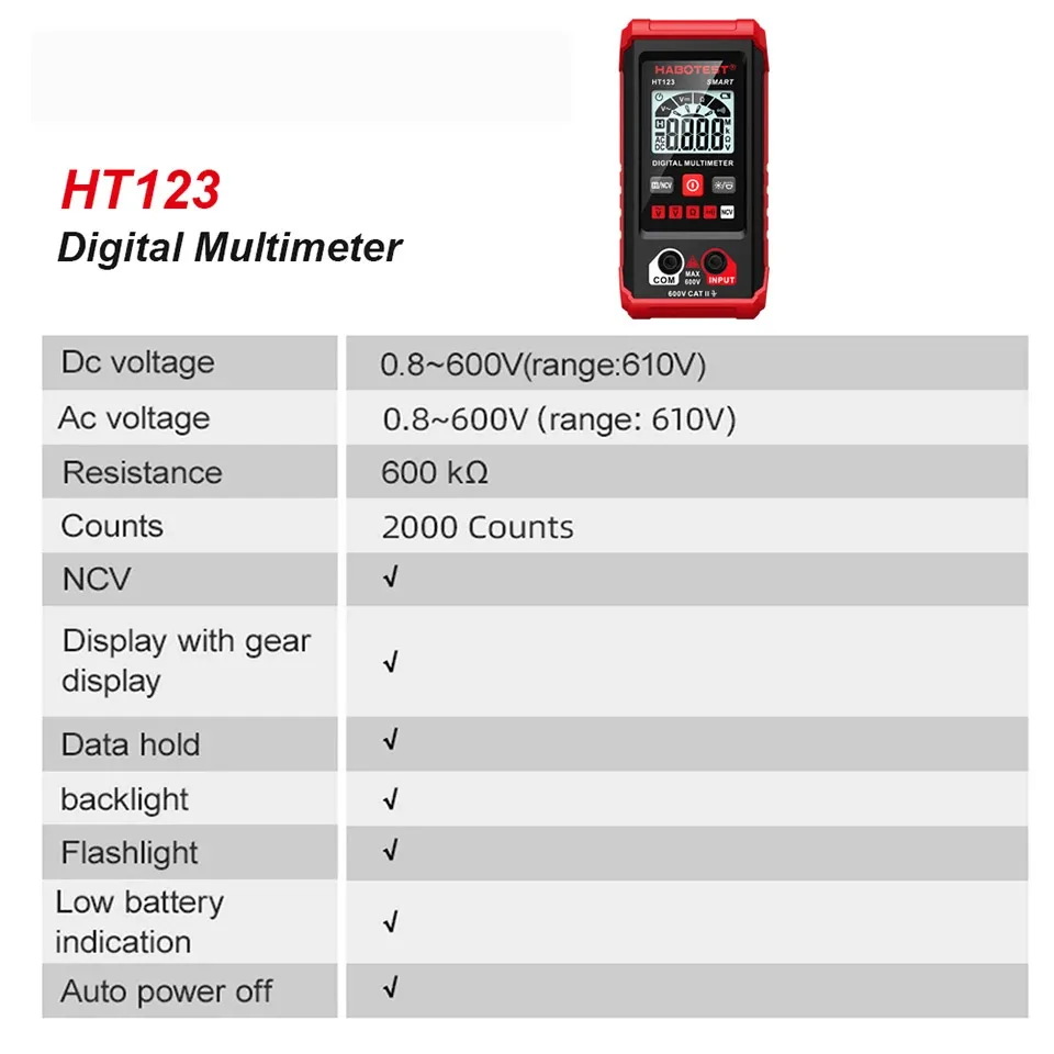 HT123 Smart Digital Multimeter Voltage Meter Auto Range Multimeter NCV AC DC Voltage Resistance Continuity Tester with Backlight