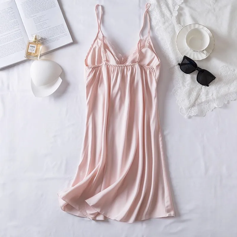 Sexy Strap Nightgown Summer Sleepwear Dress Sleeveless Lace Lingerie Women Dressing Gown Underwear Rayon Satin Homedress