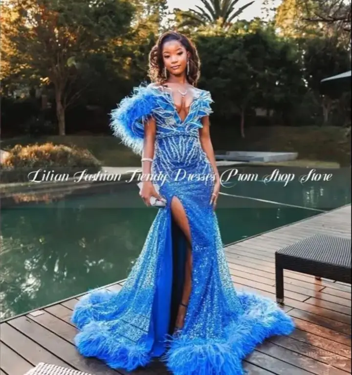 Treasure Blue Luxury Mermaid Prom Dress Glitter Feather Beaded Embellished Applique Split Black Girl Birthday Party Customised