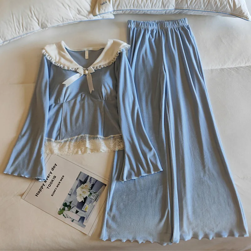 

Топ с нагрудником, пижама с длинными рукавами и брюками, кукольный воротник, кружевная острова, бархатная теплая одежда для сна, зимние пижамы, женская одежда для сна для отдыха