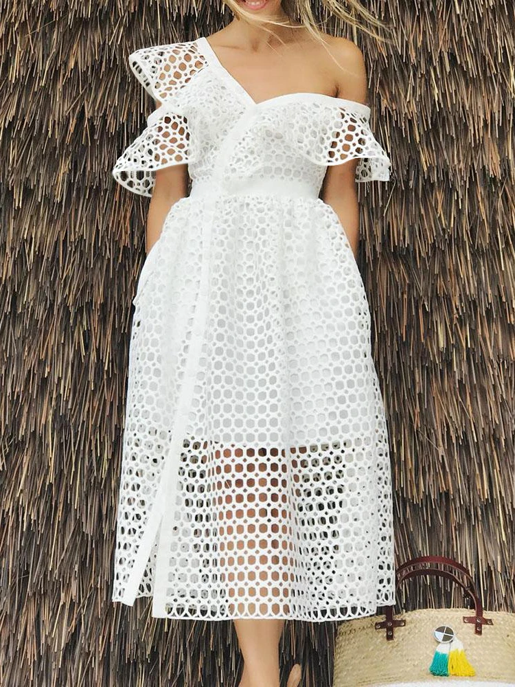 2024 Elegant Ladies Summer White Dress Hollow Out Bare Shoulder Ruffled Midi Dresses Slim Fit Big Size 4XL Women Clothing