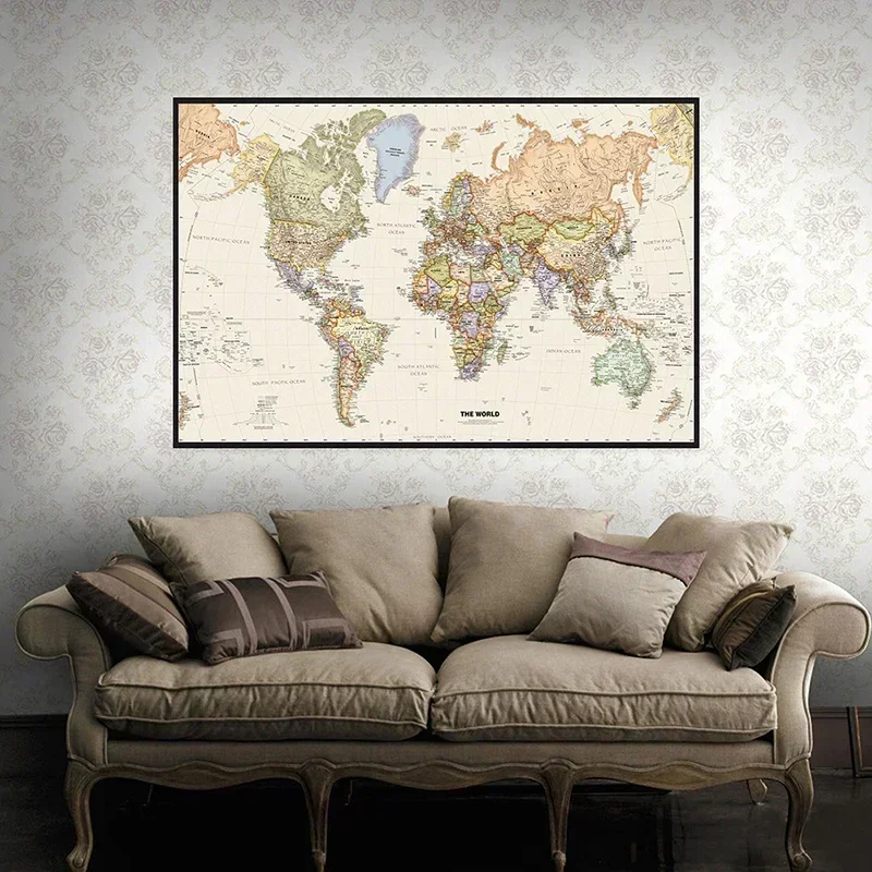 Mapa del mundo Retro de 150x100cm, mapa detallado de las ciudades principales en cada país, pintura en lienzo no tejido, decoración del hogar para sala de estar