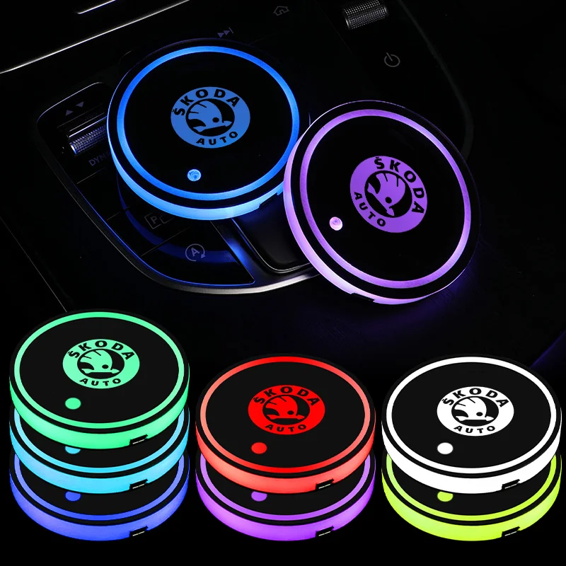 1/2pcs Car Luminous Water Coaster Pad Anti-Slip Cushion Drink Mat Accessory For Skoda Rapid Octavia VRS VII Fabia A7 Kamiq Karoq