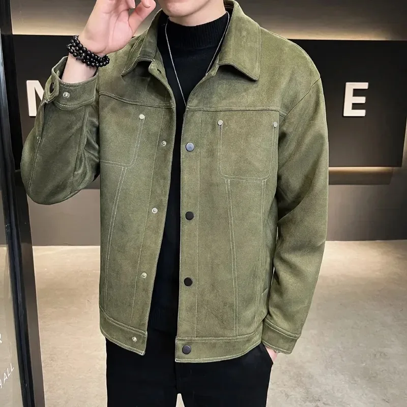 

Korean Version of Men's Fashion Suede Spring and Autumn Jacket Jacket Street Slim Solid Color Coat Casual Pie Over