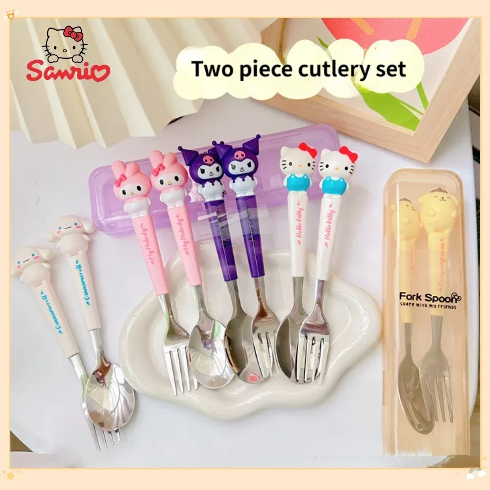 Sanrio Children Tableware Kuromi  Hello Kitty Cinnamoroll Silicone Handle Tableware Two-piece Set Melody Fork Spoon Kids Gifts