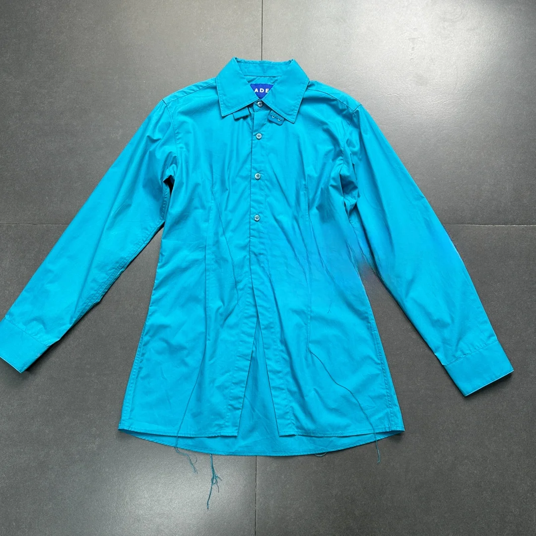 

Elegant Blue Shirt Women's Regular Sleeve Cotton Collar Waist-Cinching Asymmetrical Design Commute Style Long-lasting Shape