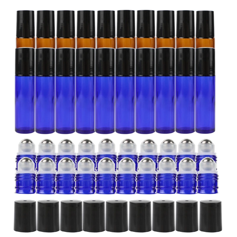 

24PC/Pack 10ml Blue Amber Thick Glass Roll on Bottle Travel Refillable Roller Ball Bottle Container with Stainless Steel Ball