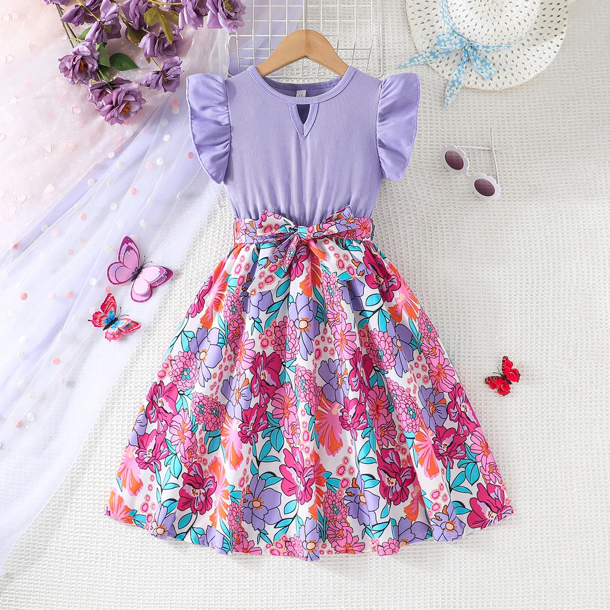 2024 Winter New Girls Dress Sleeveless Ruffles Print Floral Purple Designer Girls Princess Dress Vestido 7-10T