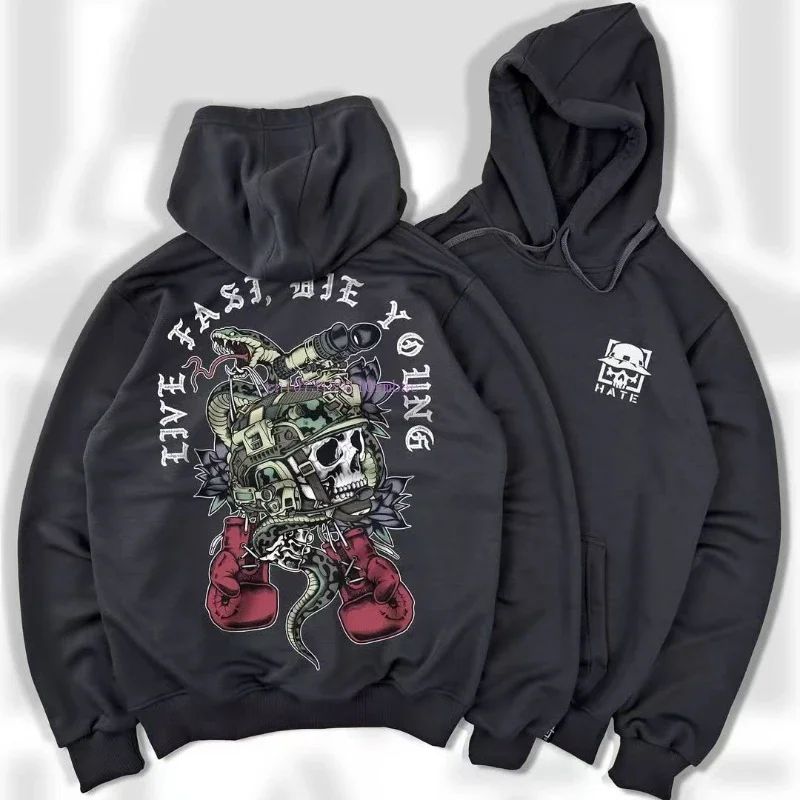 Solid Color Cotton Black Pullover Hoodie Men Women Personality Pattern Printing Sweatshirt Spring Loose Thickened Couple Hoodie