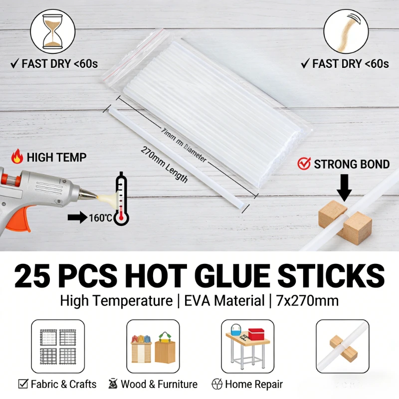 

25 шт. термоклеевых стержней 7x270 мм, высокотемпературный клей EVA, прочный, для поделок, дерева, ткани, ремонта дома, быстросохнущий, комп. комплект