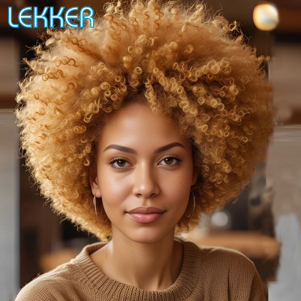 

Lekker Gold Blonde Fluffy Afro Kinky Bulk Curly Bob 100% Human Hair Wigs For Women Brazilian Remy Hair Colored African Curly Wig