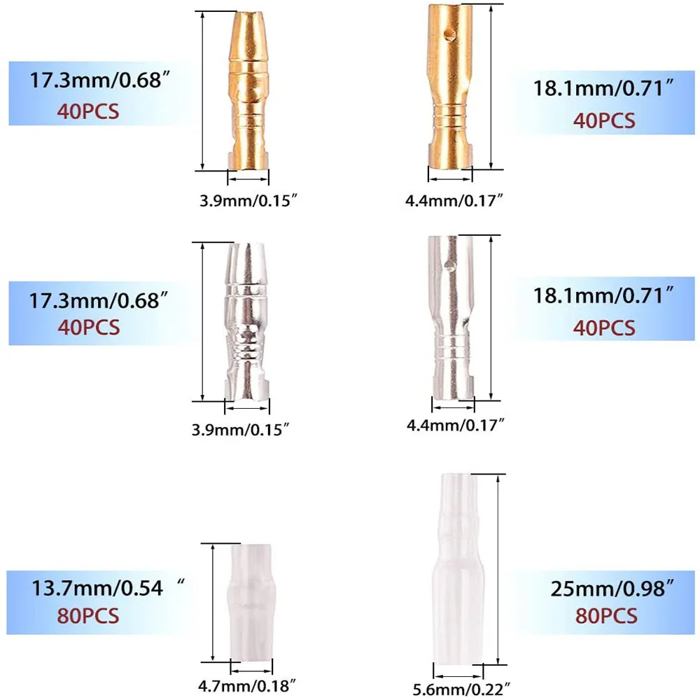 320Pcs 3.9mm Bullet Wire Terminal Kit Male Female Crimp Insert Pin Insulation Sleeve Disconnect Electrical Connectors Box