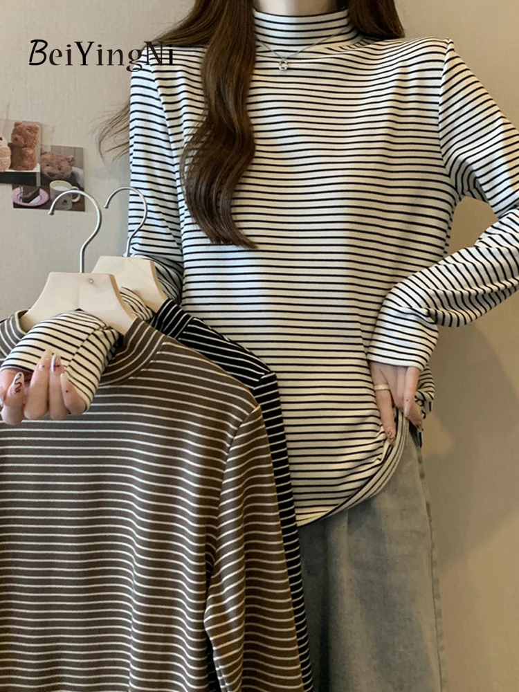 Beiyingni Autumn Winter Striped T-shirt Women Casual Vintage Harajuku Half Turtleneck Tops Ladies Warm Fashion Black Camisetas