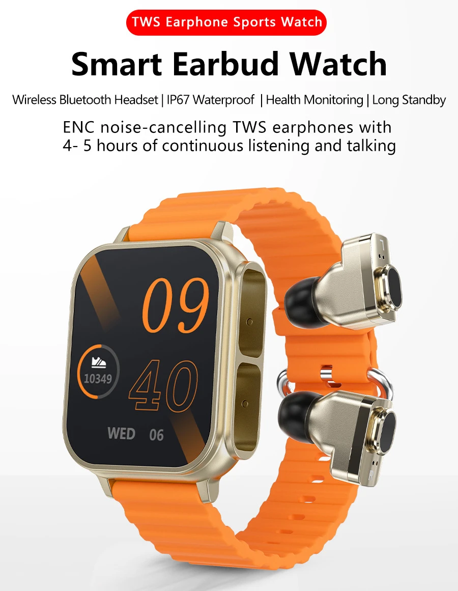 Smart Watch TWS Bluetooth Earphones 2-in-1 Voice Call Healthy Heart Rate Blood Oxygen Monitoring Smart Bracelet Wireless Earbuds