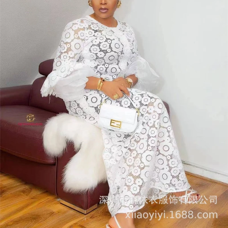 

White Dress Women Long Dresses Lace Floral Vestidos Y2k Streetwear Party Night Round Neck Flare Sleeve Elegant Slim Fit 2025