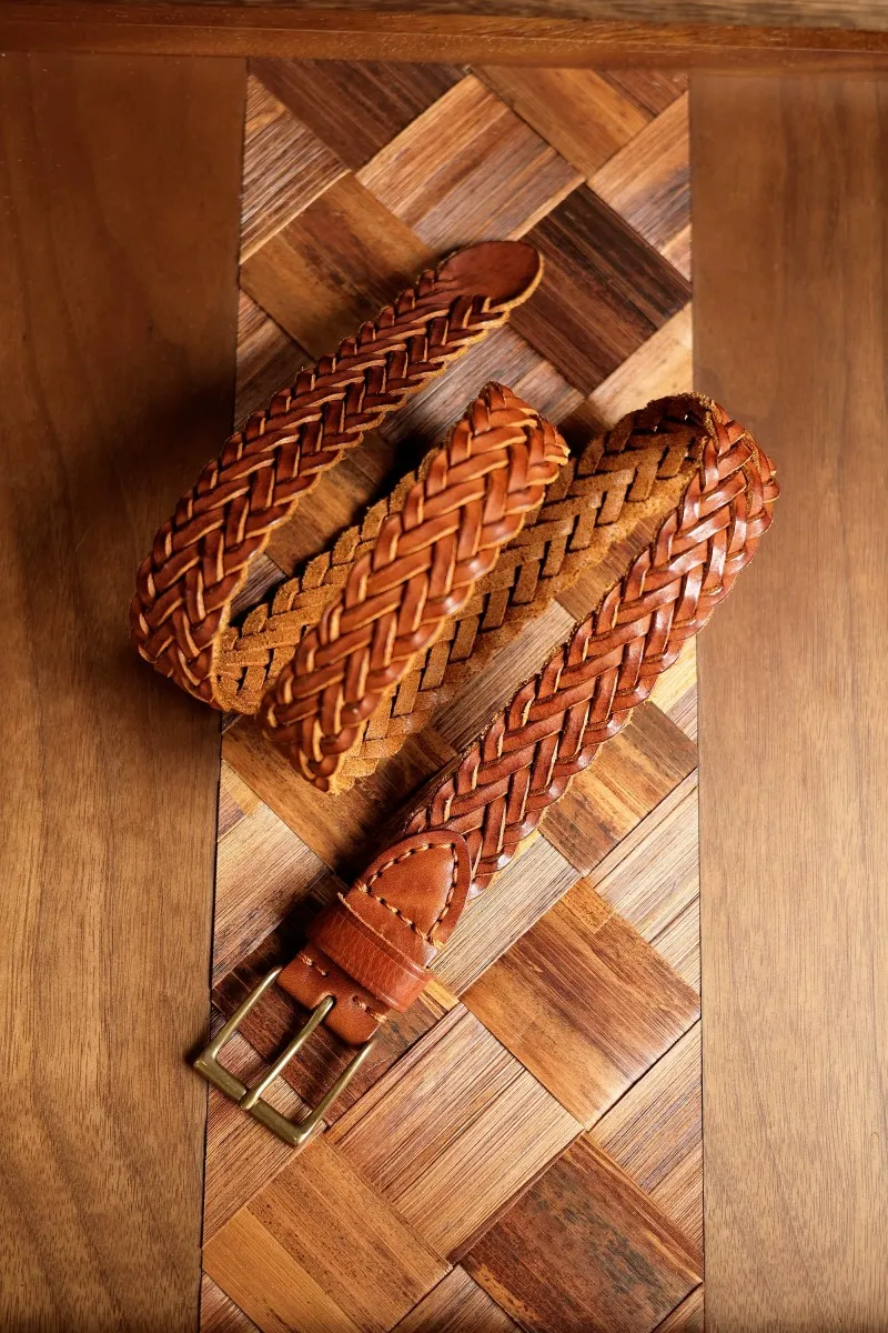 Hand Braided Vegetable Tanned Full Grain Italian Cowhide Belt Solid Brass Pin Buckle Vintage No‑hole Adjustable Jeans Waist Stra