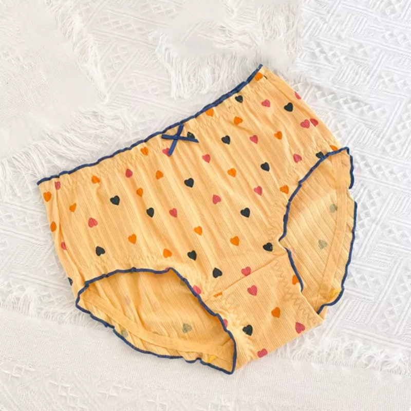 Sweet Printed  Pure Cotton Female Lingerie Mid High Waist Ruffled Seamless Breathable Underpants Sissy Fashion Large Size Briefs