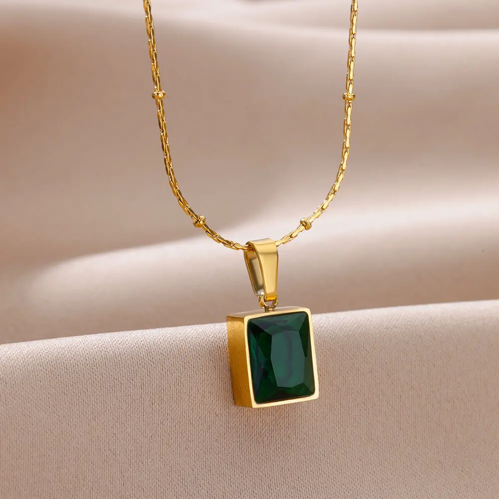 Fashionable Square Green Zircon Pendant Necklace for Women Gold Color Stainless Steel Round Pearl Necklace Jewelry Free shipping