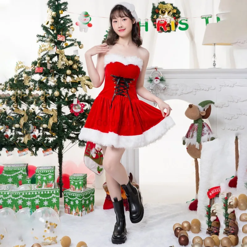 Mrs Santa Claus Cosplay Lolita Christmas Chest Wrapping Plush Ruffle Red Bandage Dress With Hoodie Cloak New Year Red Outfits