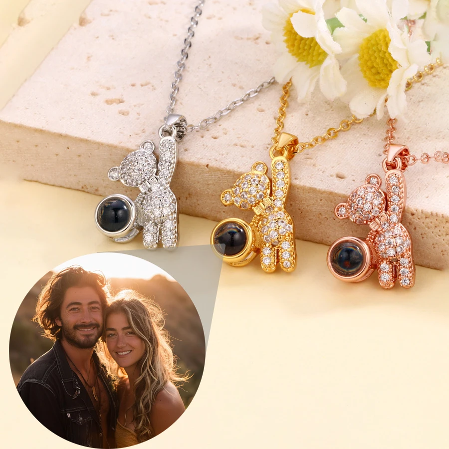 Custom Color Photo Projection Bear Necklace Cute Creativity 2025 Fashion Exquisite Women's Christmas Anniversary Accessories New