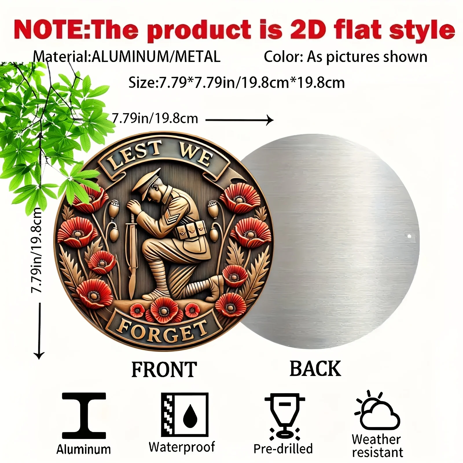 2D flat Round Metal Tin Sign Kneeling Soldier Red Poppy Lest We Forget Remembrance Wall Hanging Decor 20x20cm