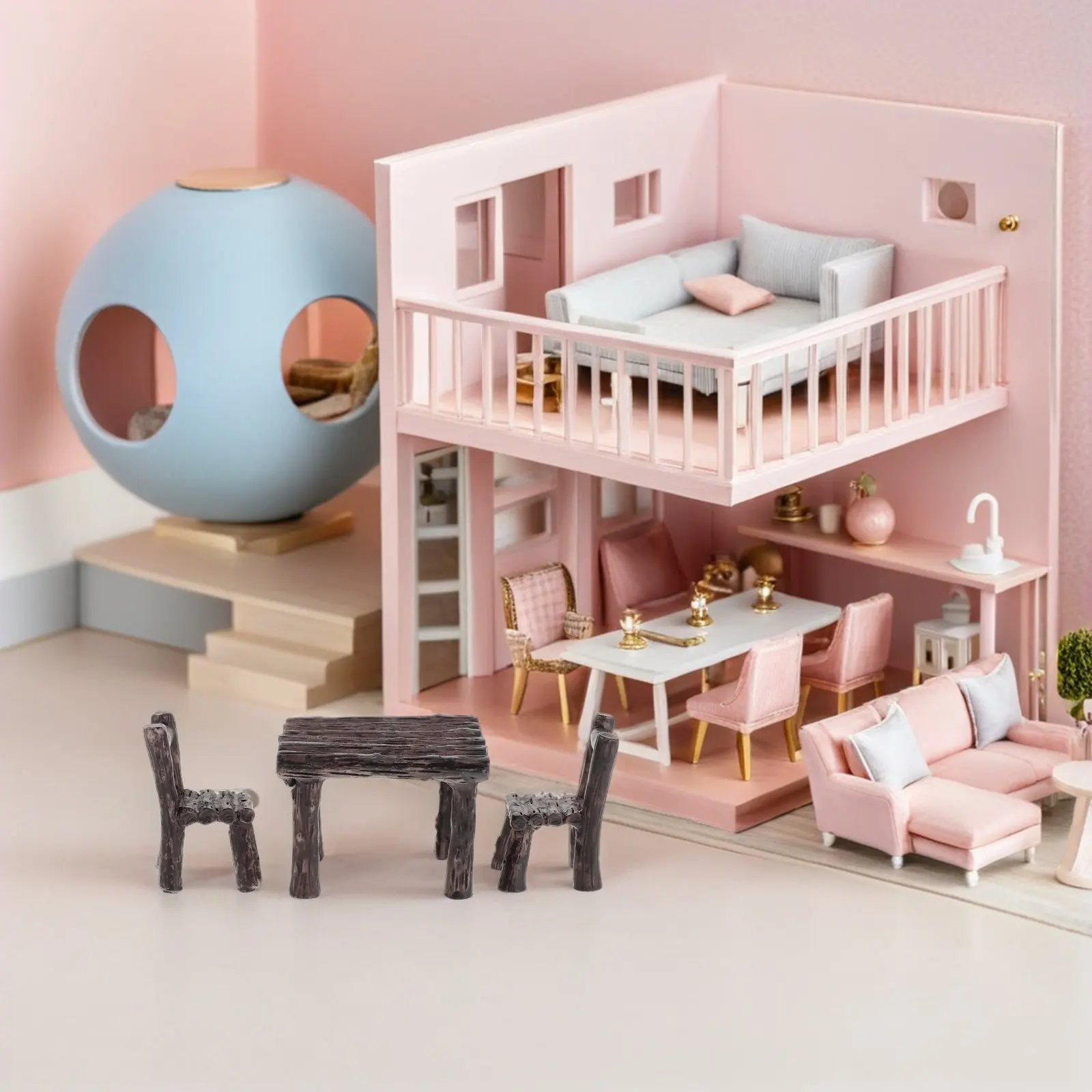 

5Set Children's Furniture Set Miniature Resin Table Chairs Natural Wood Finish Toddler Room Decoration Creative Play Accessories