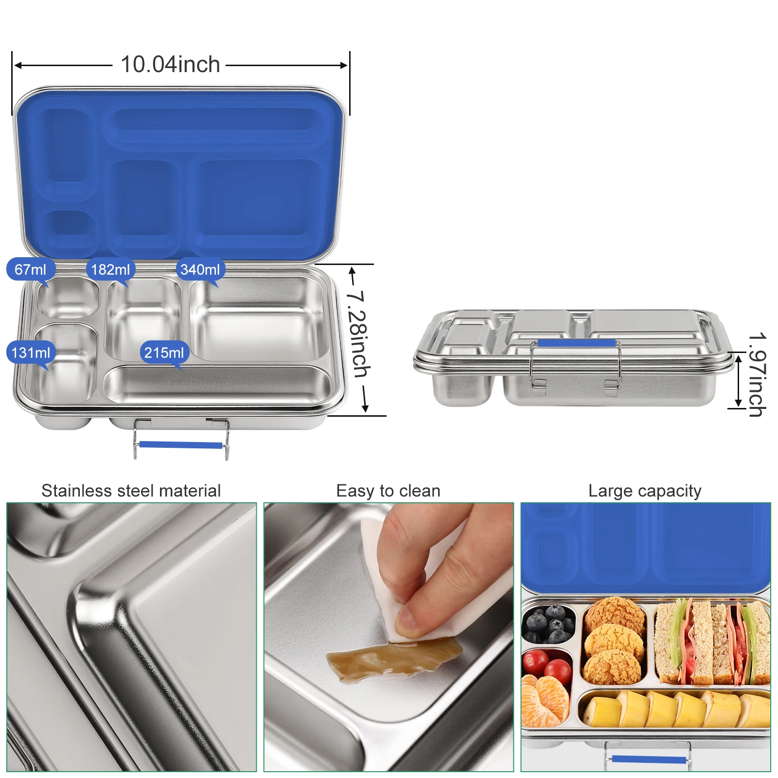 Stainless Steel Lunch Box for Adults Bento Box 5 Compartments with free Sealing, Metal Lunchbox for Travel, Work, Eco-Friendly