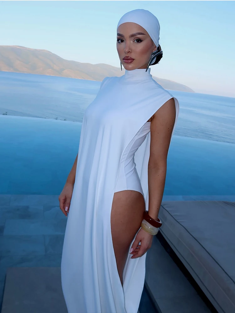 Nibber エレガント 2 点セット女性のセクシーなスキニーボディスーツ + タートルネックサイド中空ノースリーブシャーリングロングドレス秋の新スタイルスーツ