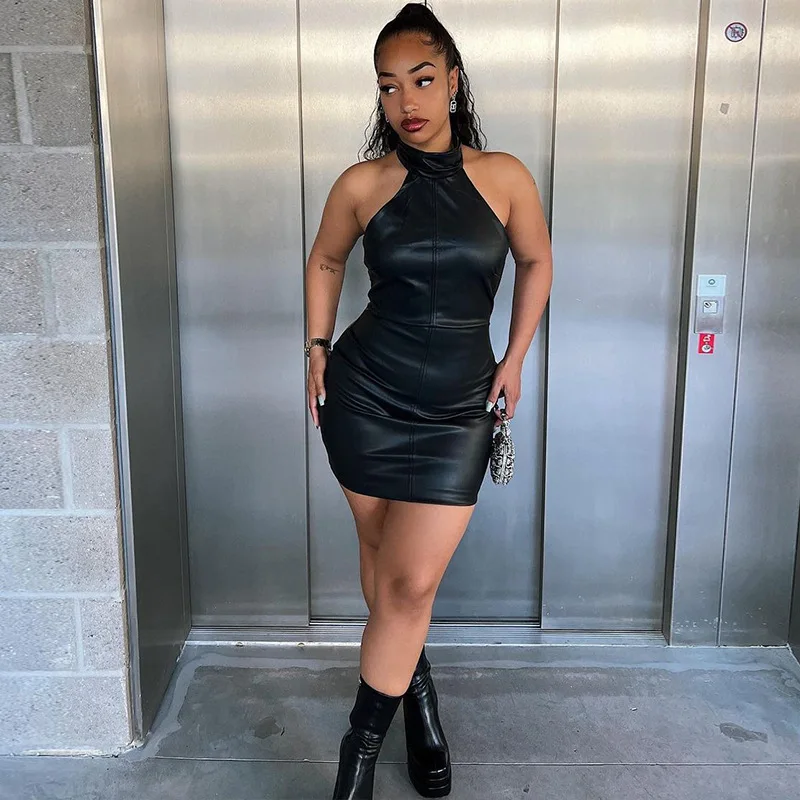 Tank Mini Dress Women New Hot Backless PU Leather Sexy Tight High Waist  Skinny Hip Slim Korean Green Black Femme - AliExpress 200000345