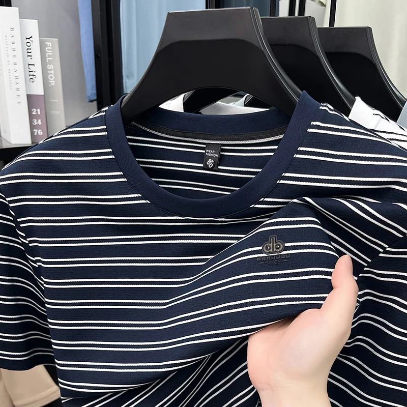 Light luxury striped short sleeve T-shirt high-end brand letter embossed top summer new fashion breathable round neck men's wear