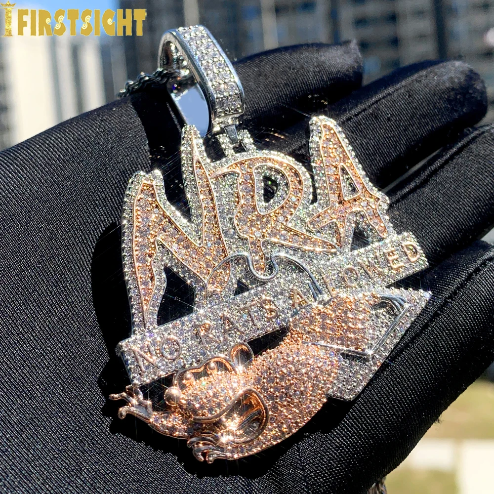 New Iced Out Bling Letter No Rats Allowed Pendants Necklaces Two Tone Color CZ Zircon NRA Charm For Men Women Hip Hop Jewelry